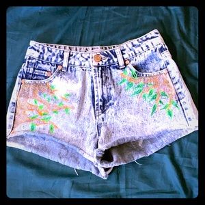 Acid wash shorts with painted tree branches